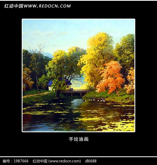 小桥流水风景油画