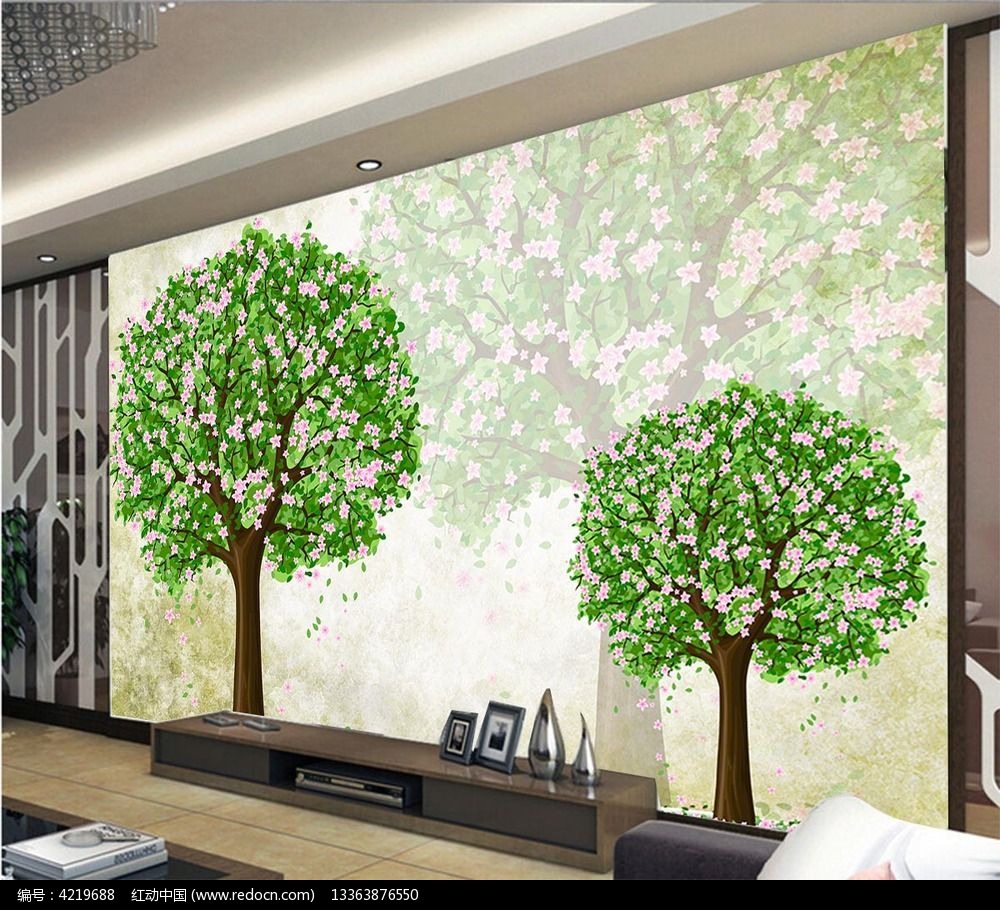 3d手绘花树枝电视背景墙图片素材_红动手机版