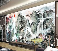 中式手绘山水画电视背景墙