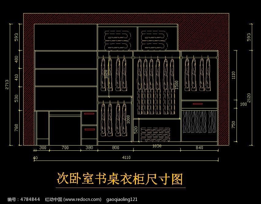 原创设计稿 cad图库 室内装修 家装次卧室衣柜书柜组合cad图纸  请您
