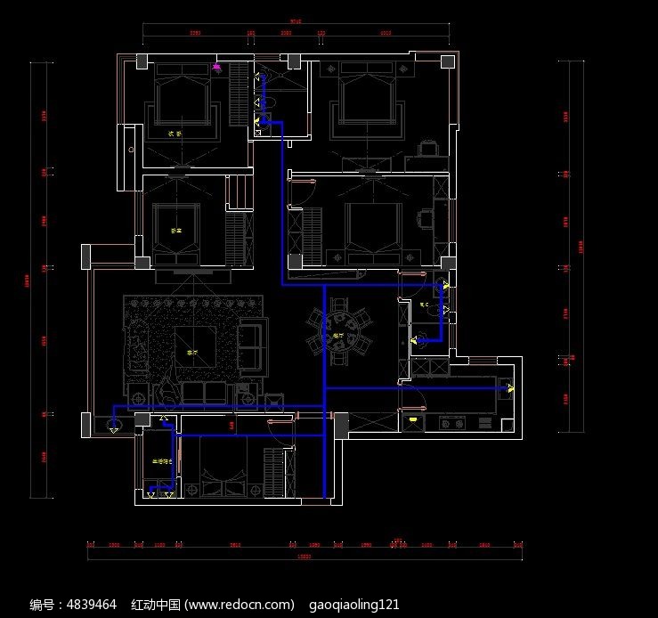 家装户型水路布置图纸CAD素材下载(编号4839464)_红动网