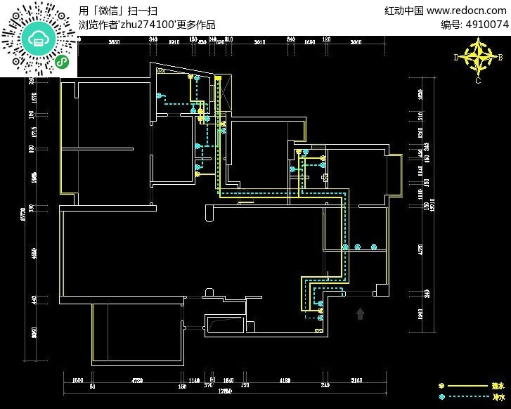 原创设计稿 cad图库 室内装修 冷热水走向图纸