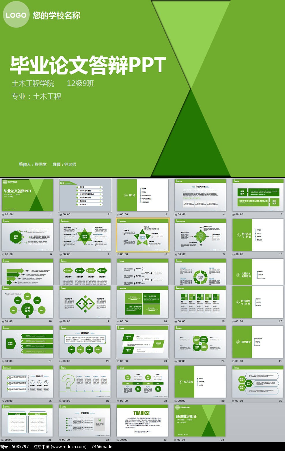 绿色清新简洁毕业答辩论文ppt模板