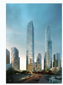 水边建筑玻璃高层建筑表现效果图高档商业街