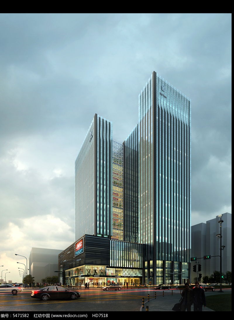 阴天高层玻璃建筑商业街PSD素材下载_psd分层素材设计图片