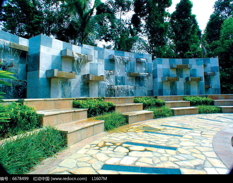 湖边景墙跌水景观JPG素材下载_水景设计图片