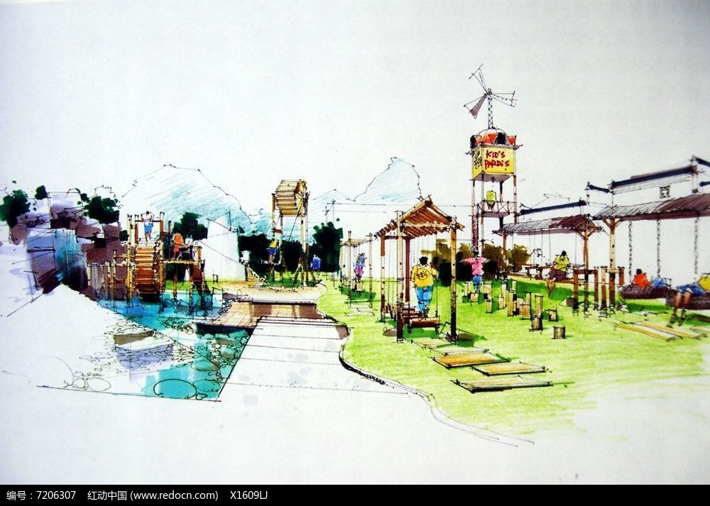 公园游乐区景观JPG素材下载_手绘素材设计图片