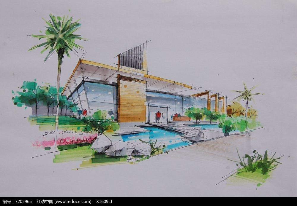 现代展厅建筑景观JPG素材下载_手绘素材设计