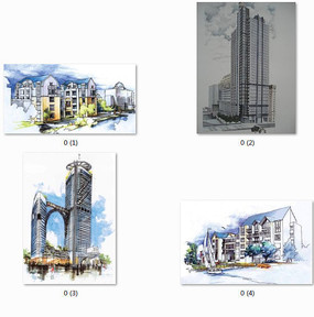 现代建筑设计彩色手绘效果图