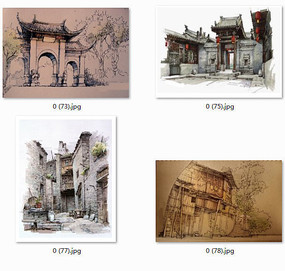 古建筑大门手绘画