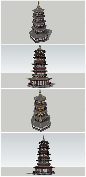 中式五层宝塔su模型