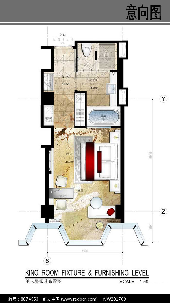 酒店单人房家具布置图