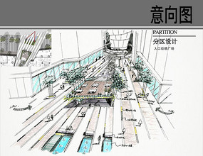 某商业街入口动感广场手绘图