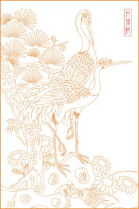 时尚丹顶鹤线描雕刻图案
