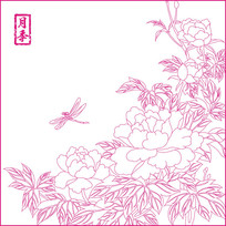 月季花纹线描雕刻图案