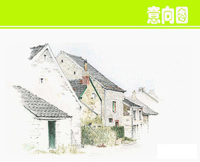 淡雅水彩风农村平房建筑