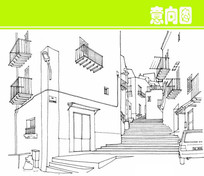 建筑街道阶梯素描图