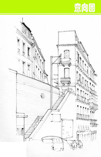 欧式建筑楼梯素描画