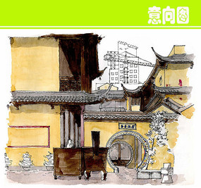 中国寺庙水彩画