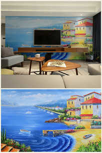 爱情海湾纯手绘油画背景壁画