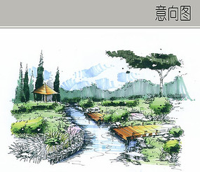 河流景观手绘特写