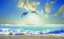 油画肌理海景海豚电视背景墙