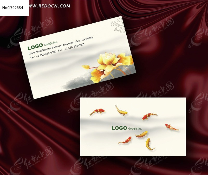 中国风金色荷花金鱼主题富贵艺术名片_名片设