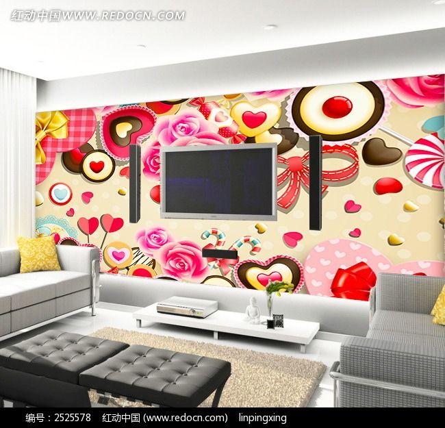 糖果屋客厅电视背景墙墙纸设计模板下载(编号