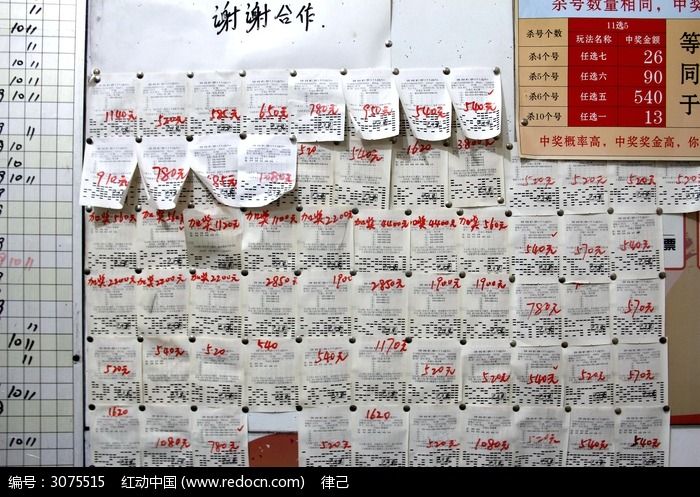 墙壁上贴满了中奖的彩票