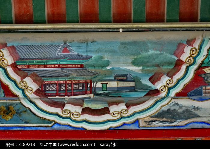 北京颐和园画廊国画手绘房屋庭院祥云