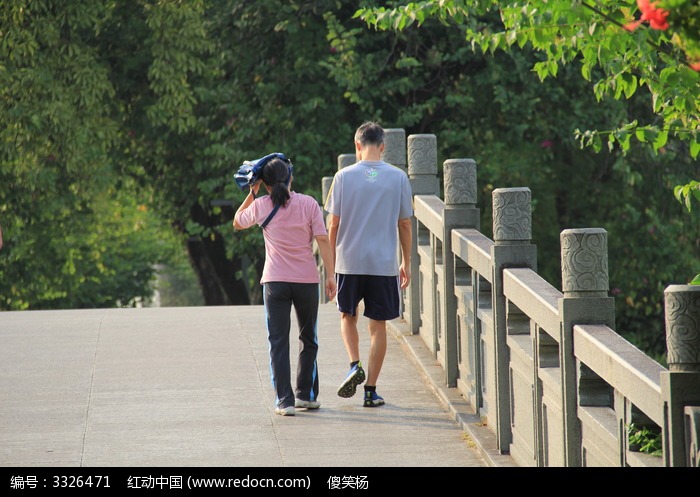 在公园散步的老人家背影