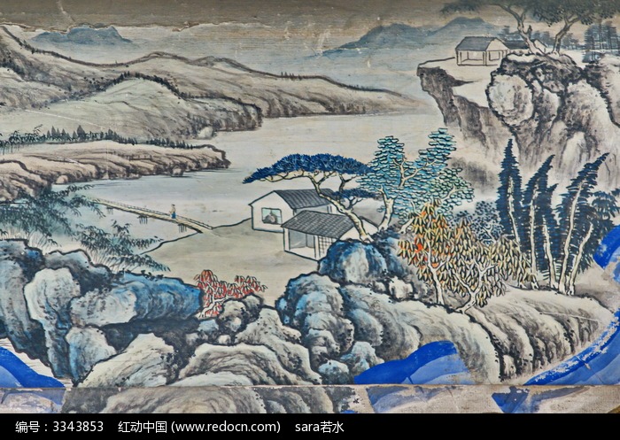 亭子山水池子树木道路图片