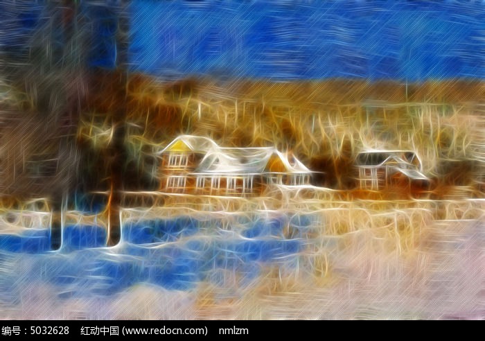 电脑抽象画《雪原木屋》