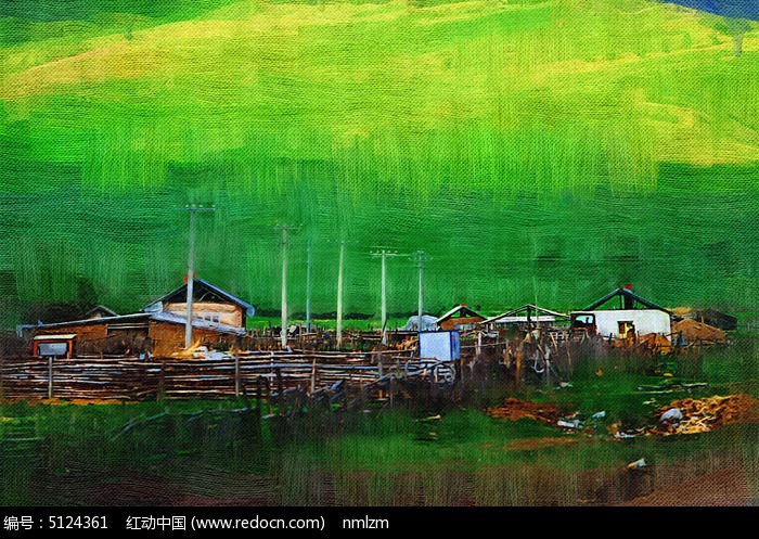 电脑油画《遥远的山村》图片