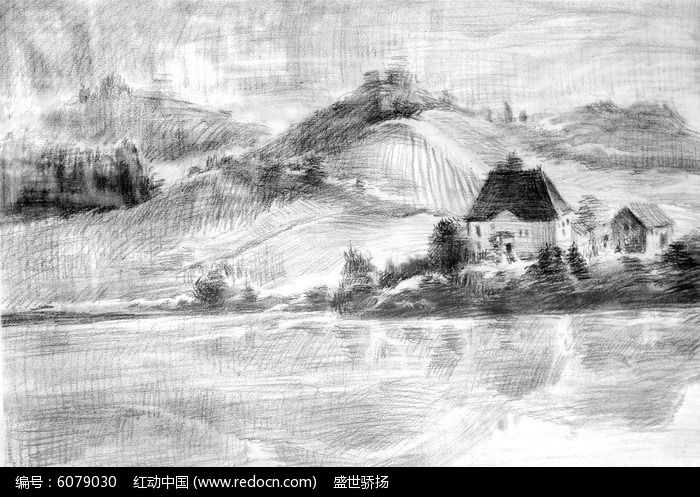 山坡风景素描画