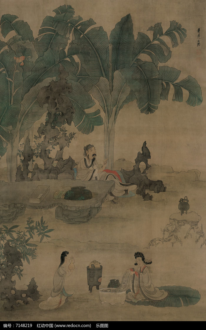 明陈洪绶蕉林酌酒图古代名画