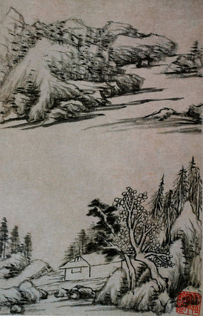 董其昌国画山水 旭日东升国画山水风景画客厅装饰画玄关 江南水乡国画