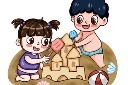 夏天沙滩上玩耍的儿童元素