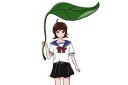 少女手拿树叶遮雨元素图片