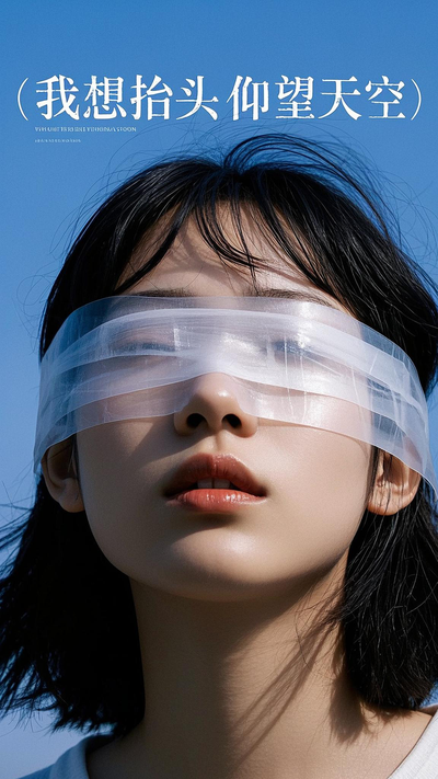 一位冷漠的抬头看向上方天空的亚洲女生被塑料胶布蒙住眼睛头部特写