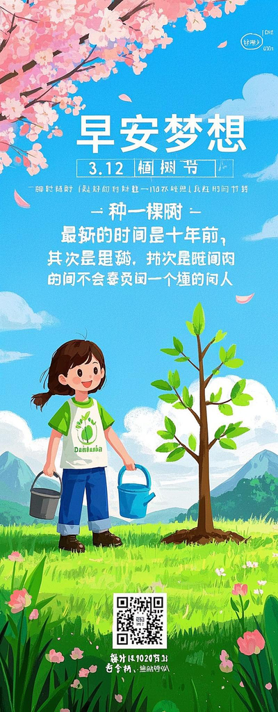 蓝天白云绿色草地植树节手机海报