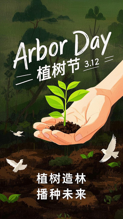 一只手捧着一株嫩绿的幼苗植树节海报