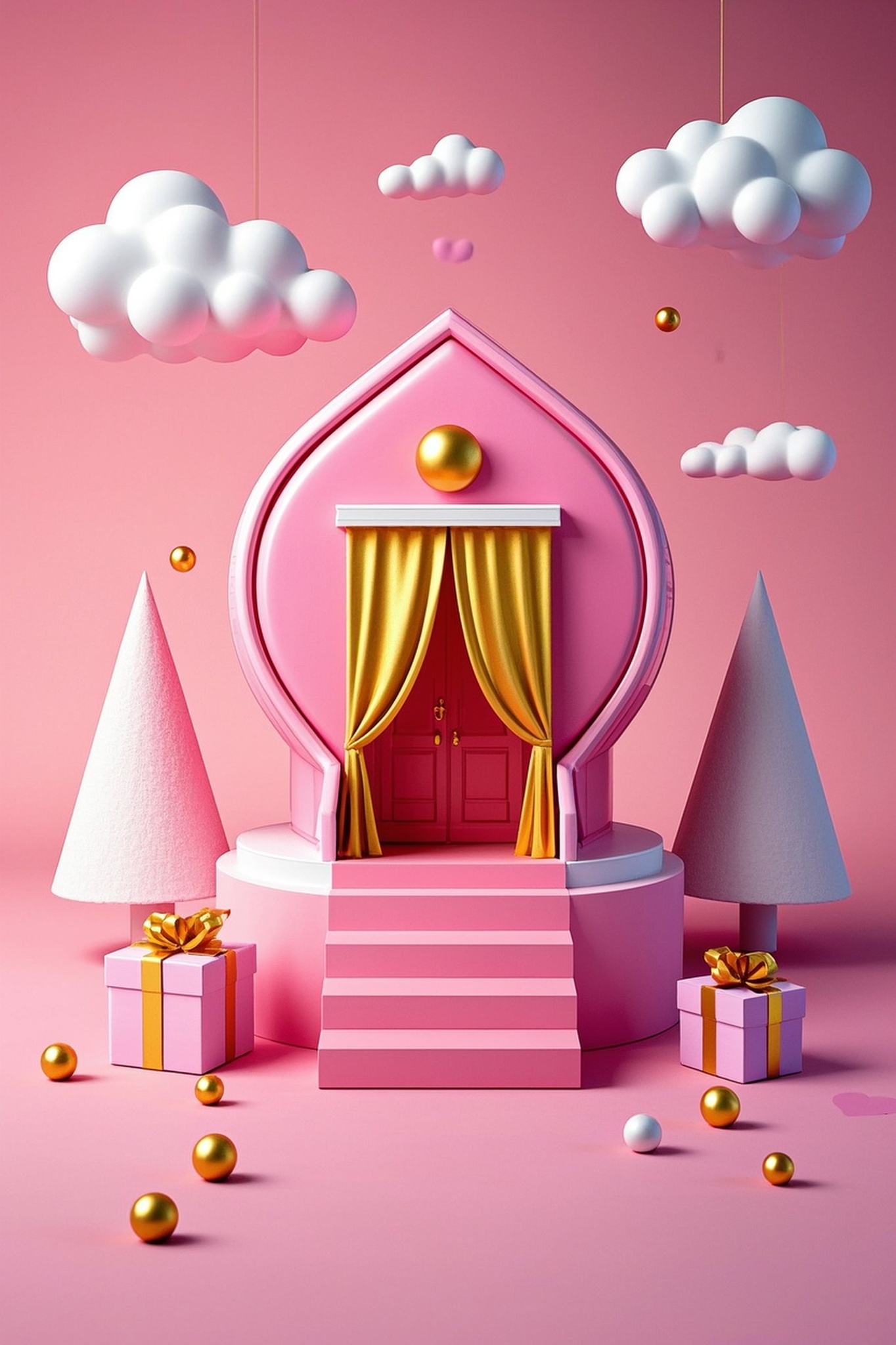 3D渲染的粉色爱心形房屋