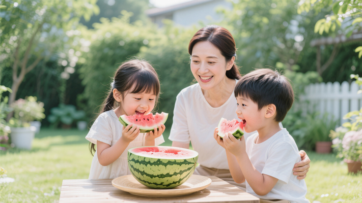炎热夏日在夏至节气一家人在花园里吃西瓜