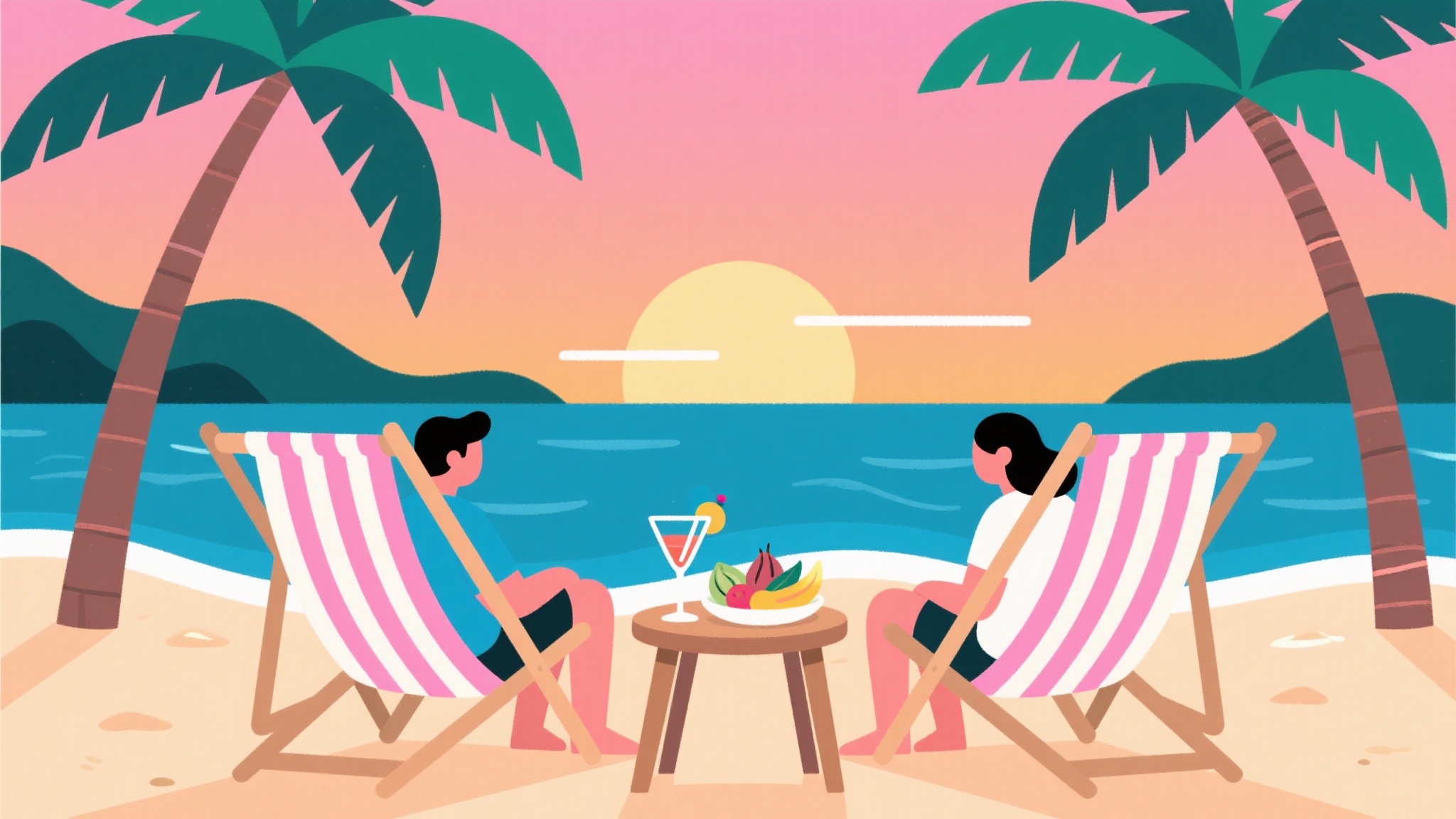 夏天情侣海滩度假扁平插画