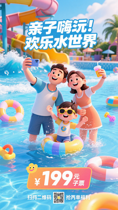 夏日亲子出游欢乐水世界水上乐园水公园促销海报