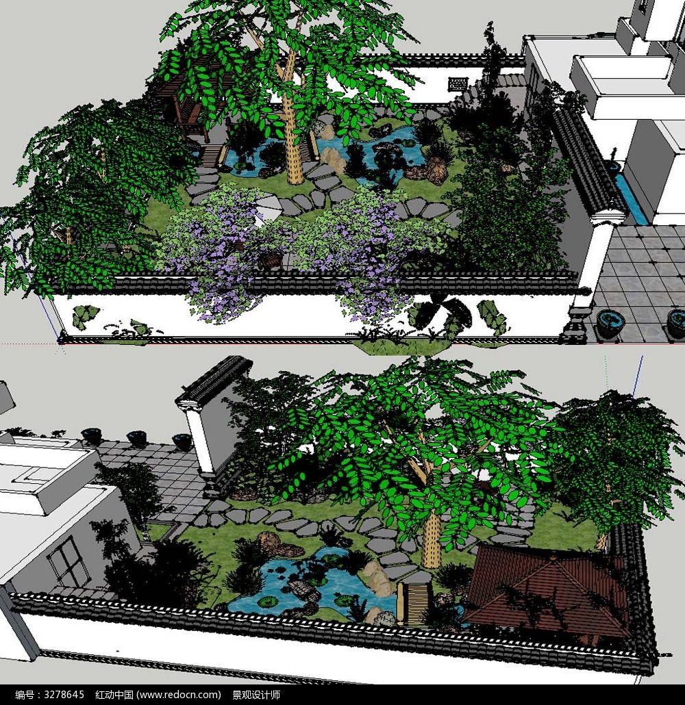 草圖大師sketchup中式庭院花園景觀模型