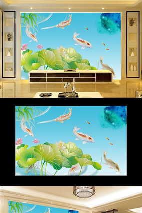 中式荷花图鲤鱼电视背景墙 中式荷花图鲤鱼电视背景墙