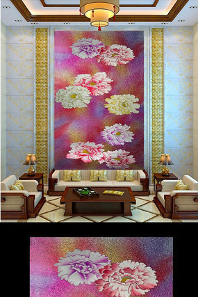 彩色牡丹中式富贵玄关背景墙 彩色牡丹中式富贵玄关背景墙