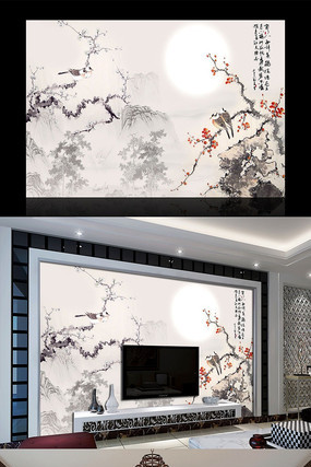 月下花鸟中式电视背景墙 月下花鸟中式电视背景墙